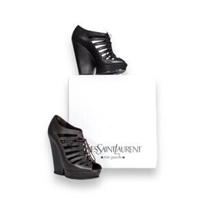 Yves Saint Laurent Brown Leather‎ Hortense 105 Lace-Up Wedges Sz 7.5